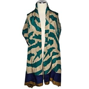 VTG Anne Klein for Vera 100% Silk Scarf Abstract Teal Blue Gold Made in Japan‎